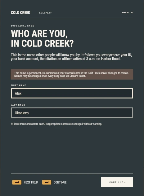 Character creation, step one: first and last name fields