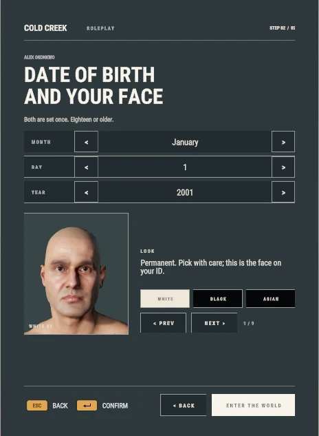 Character creation, step two: date of birth pickers and face selection